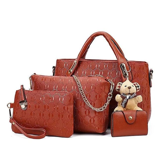 Women's Handbag Shoulder Bag Clutch Credit Card Holder Wallet PU Leather 4 Pieces Outdoor Office Shopping Embossed Solid Color Light Brown Black Red