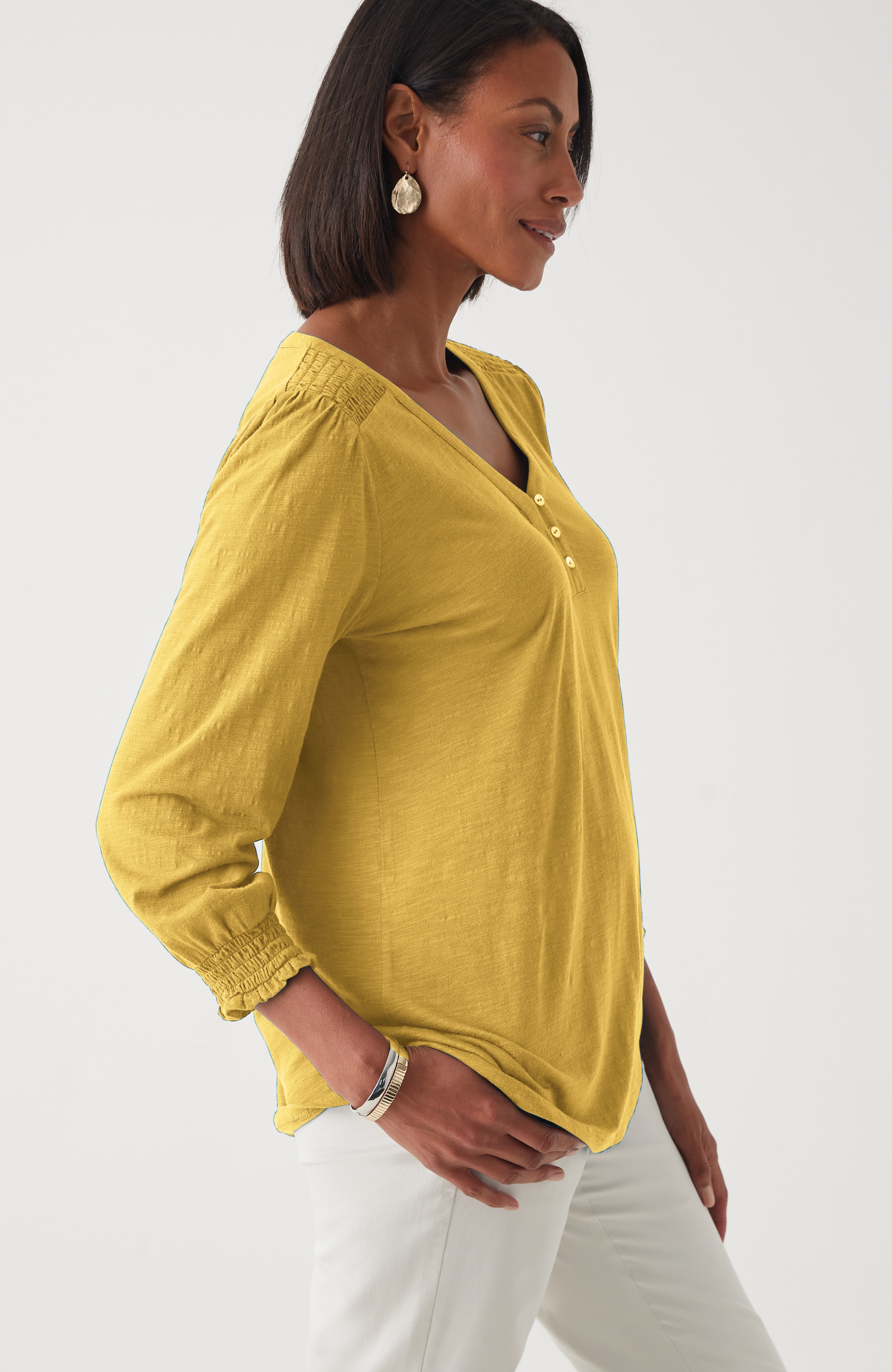 Smocked-Sleeve Henley Top