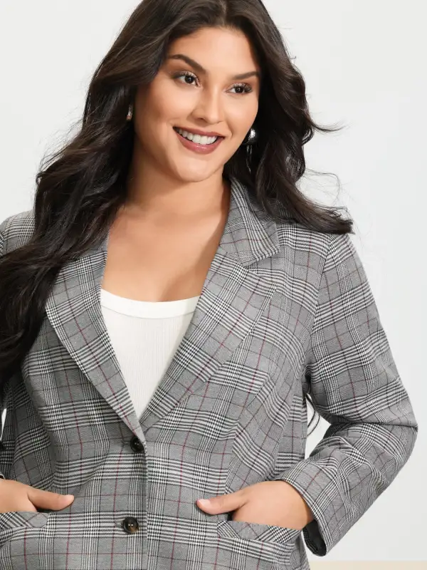 Houndstooth Button Front Pockets Blazer