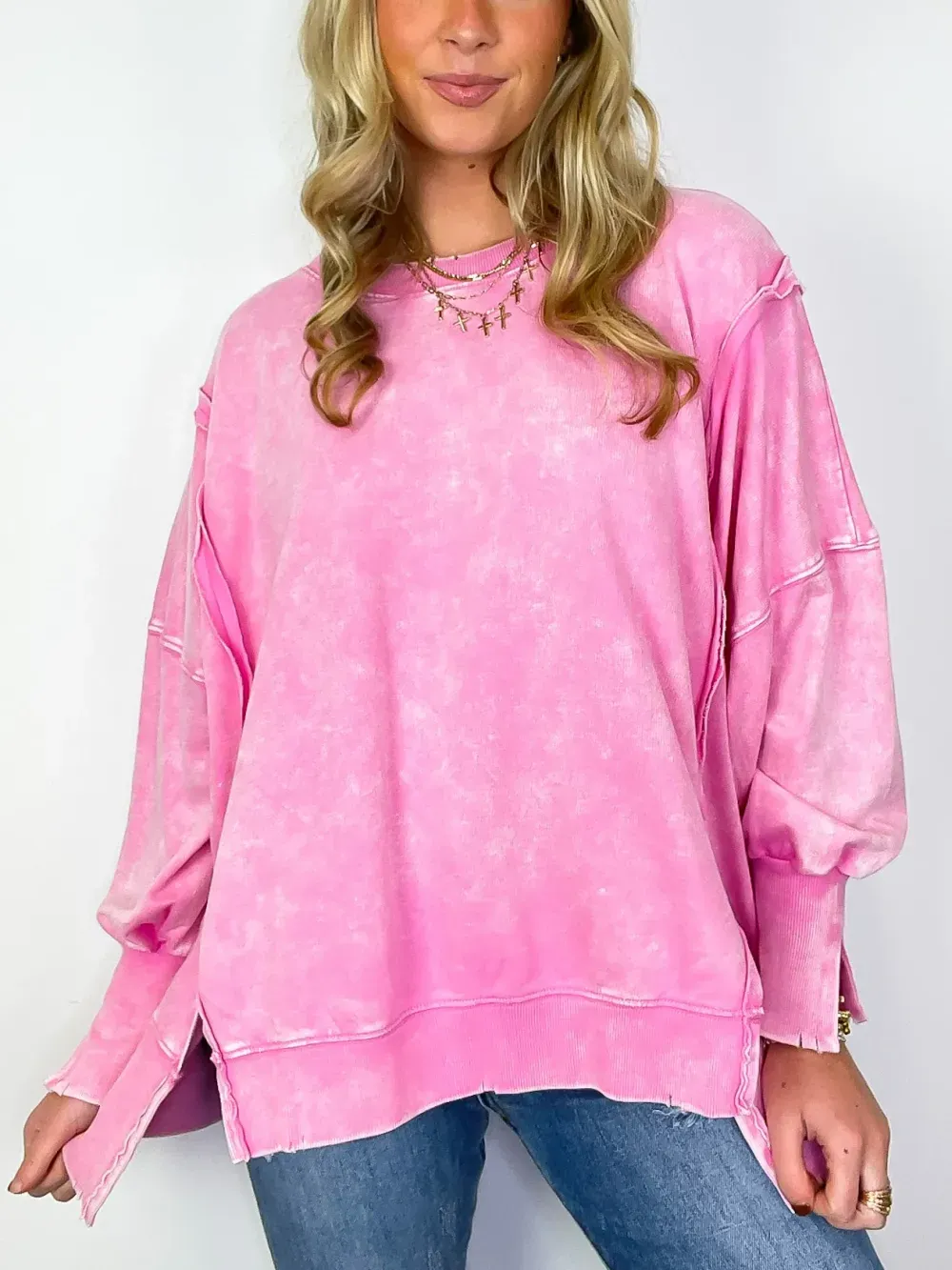 ✨Womens Acid Wash Split Cuff Oversized Crew Pullover