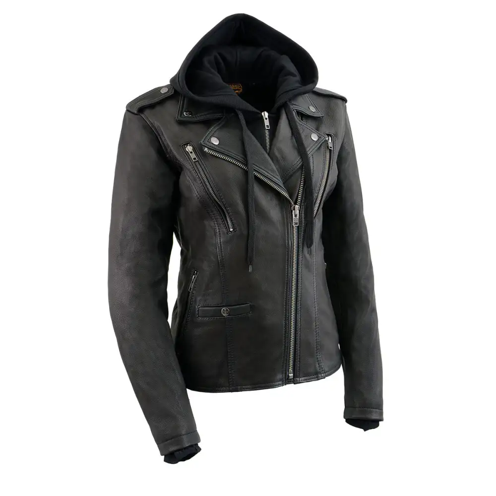 Leather MLL2575 Women's Black Leather Vented Motorcycle Jacket w/ Removable Hoodie