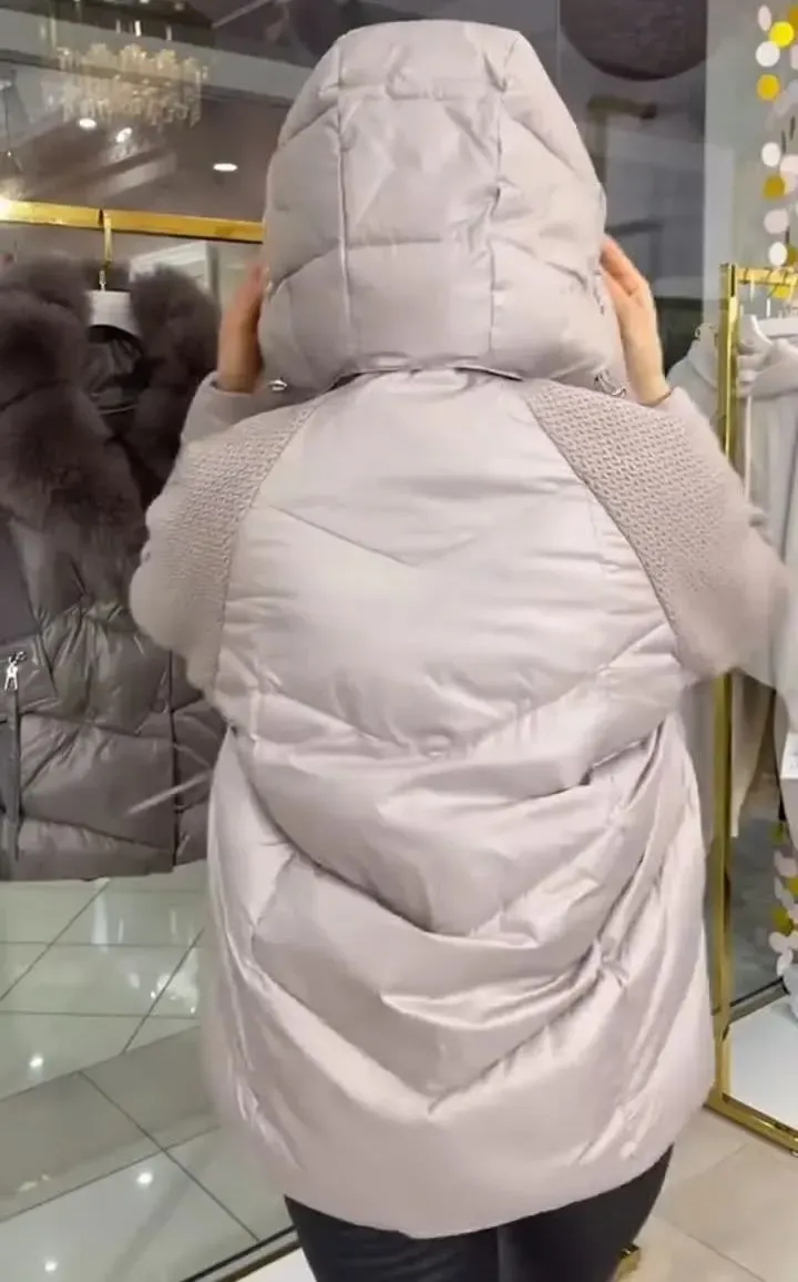 Down Jacket with Fur - trimmed Hood and Knitted Sleeves