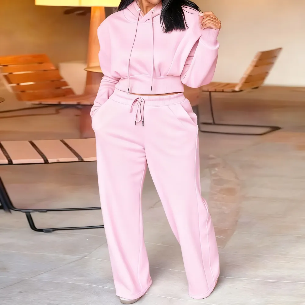 Hooded Long Sleeve Sweatshirt and Casual Wide Leg Sweatpants Set