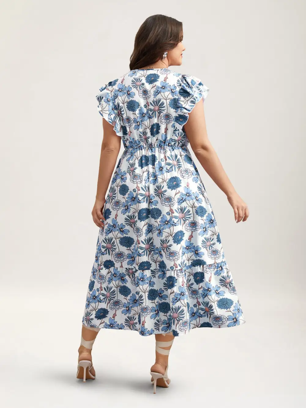 Ruffled Floral Print Stretchy-Waist Midi Dress