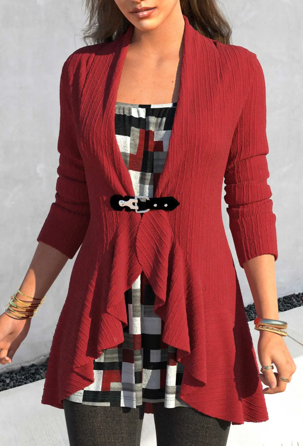 Wine Red Fake 2in1 Geometric Print T Shirt