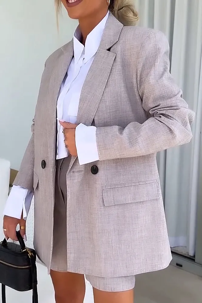 Women's solid color casual jacket and shorts two-piece set