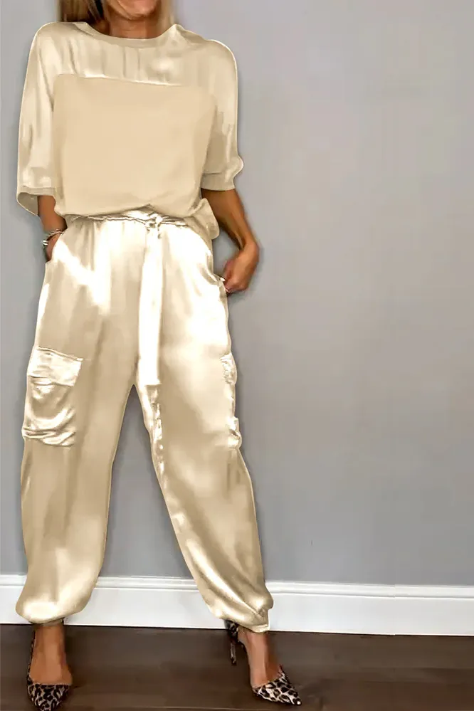 Women's Smooth Satin Half-sleeved Top and Pant Suit Two-piece