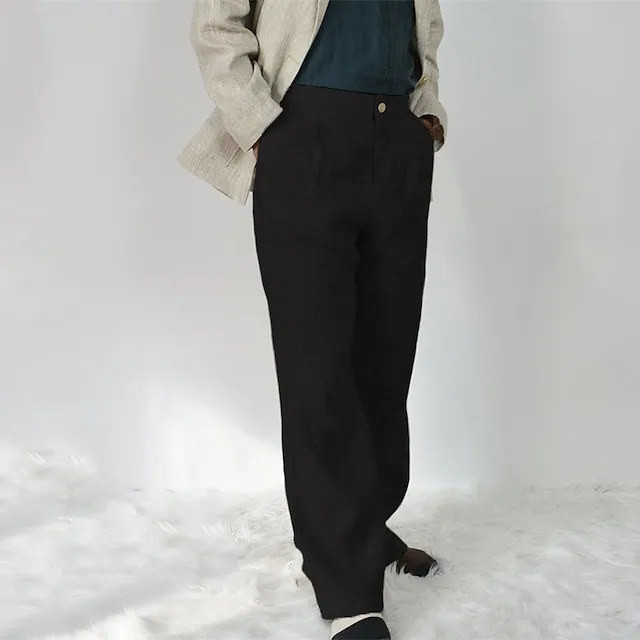 Men's Linen Pants Trousers Summer Pants Pleated Pants Straight Leg Plain Comfort Outdoor Casual Daily Linen / Cotton Blend Streetwear Stylish Black White