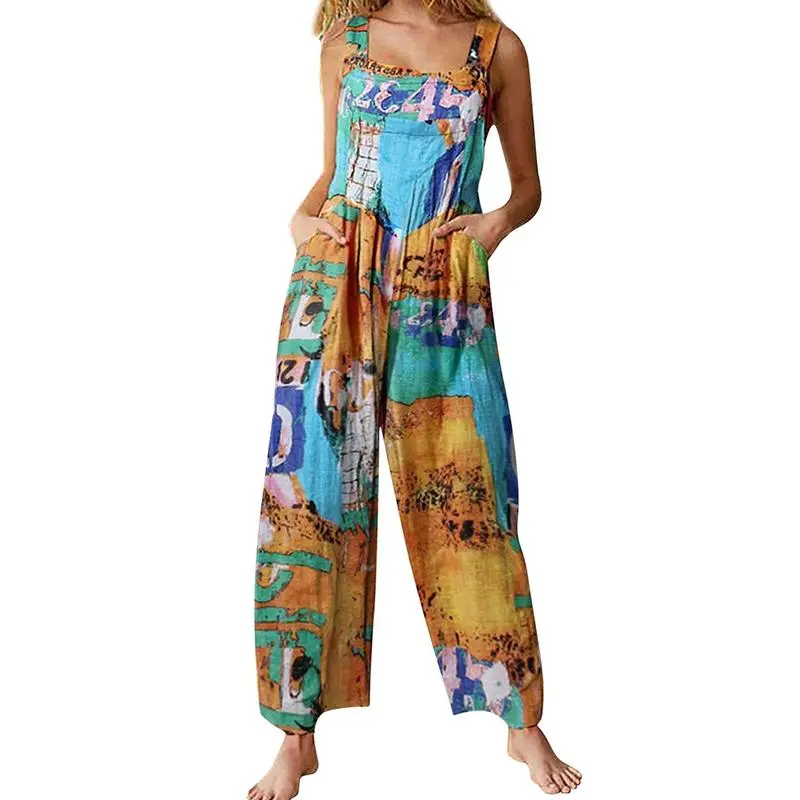 Women’s Boho Patchwork Jumpsuit-Floral Print, Dual Pockets, Wide-Leg Fit