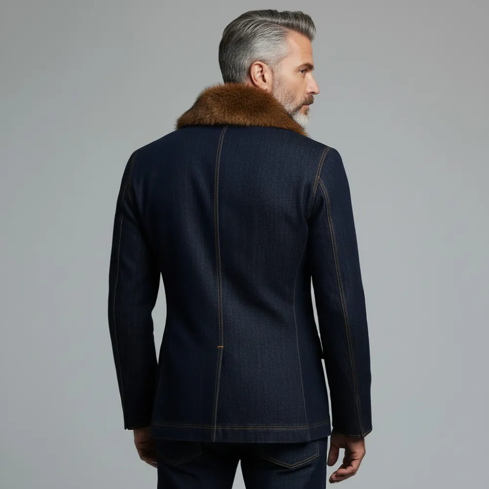 Men's Navy Blue Furry Collar Double Breasted Long Sleeve Denim Blazer
