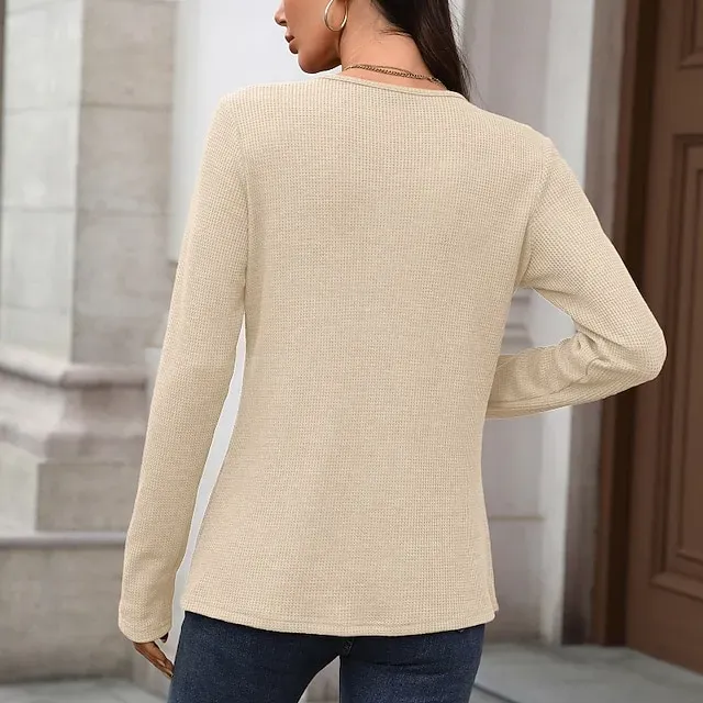 Women's Texture Blouse T Shirt Plain Casual Long Sleeve V Neck Regular Tops Daily Going out Buttons Black Dusty Blue Fuchsia Brown Beige Fall
