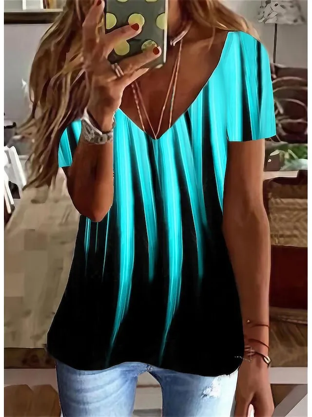 Women's T shirt Tee Going Out Tops Graphic Daily Weekend Print Blue Short Sleeve Tunic Basic V Neck