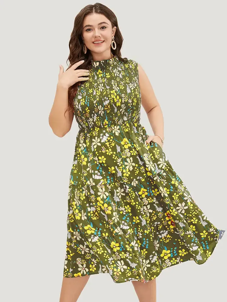 Floral Shirred Mock Neck Cut Out Pocket Ruffle Hem Dress