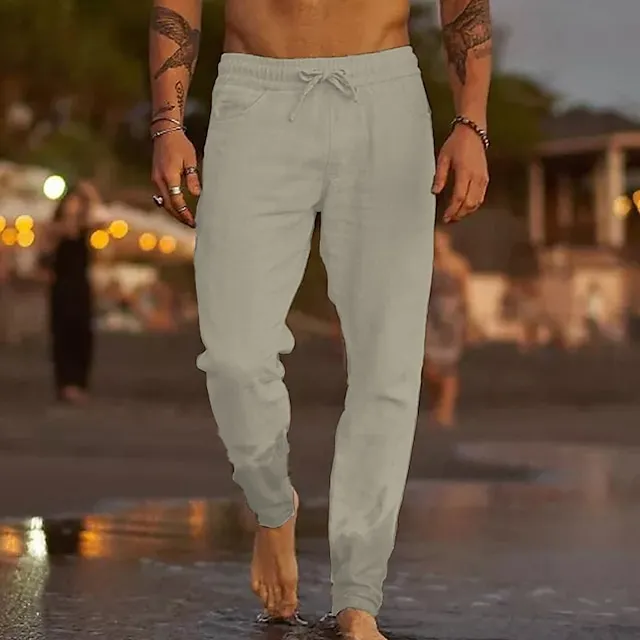 Men's Linen Pants Trousers Summer Pants Beach Pants Pocket Drawstring Elastic Waist Plain Comfort Soft Daily Weekend Linen / Cotton Blend Streetwear Casual Dark Khaki Light Khaki Micro-elastic