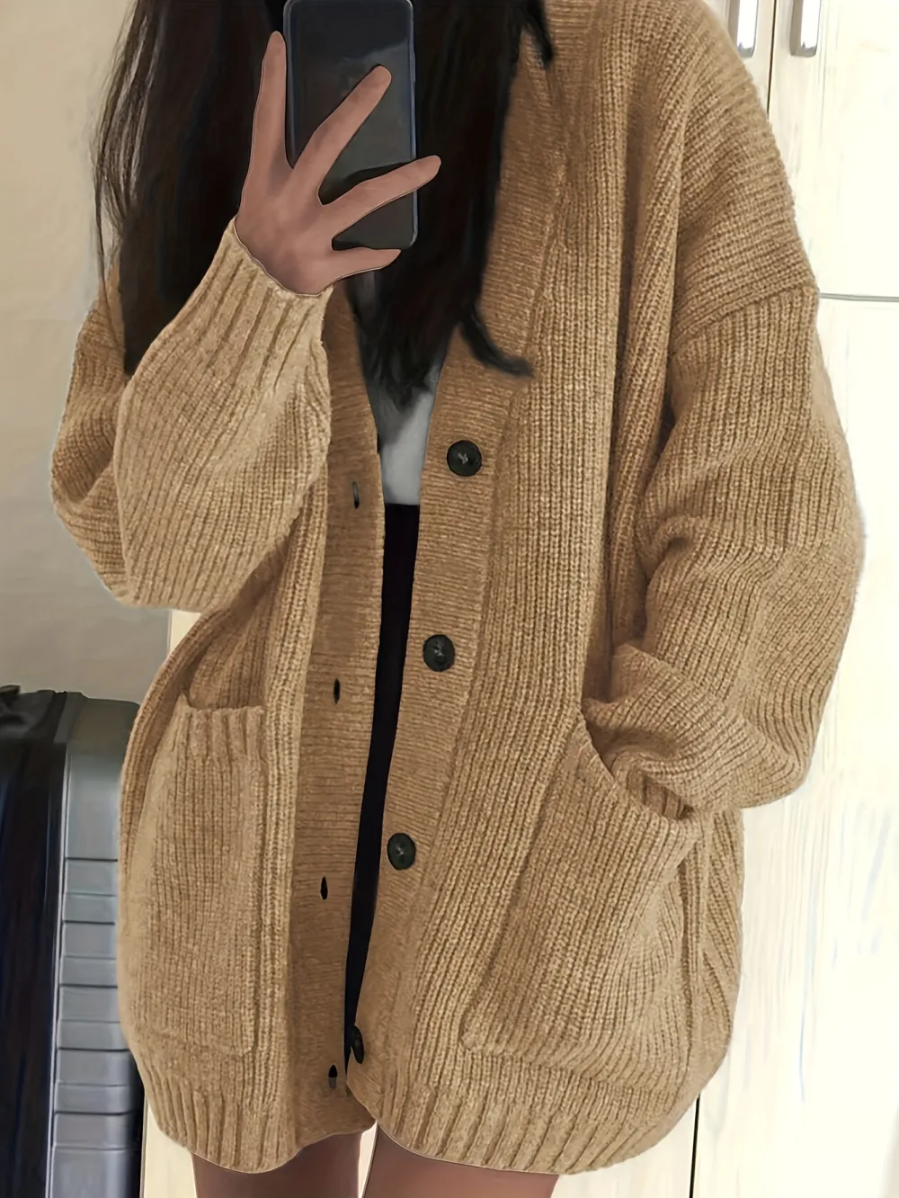 Vibrant Solid Color Knitted V-Neck Cardigan - Soft Micro Elastic Polyester Fabric, Button Front, Casual Long Sleeve Design for Fall & Winter