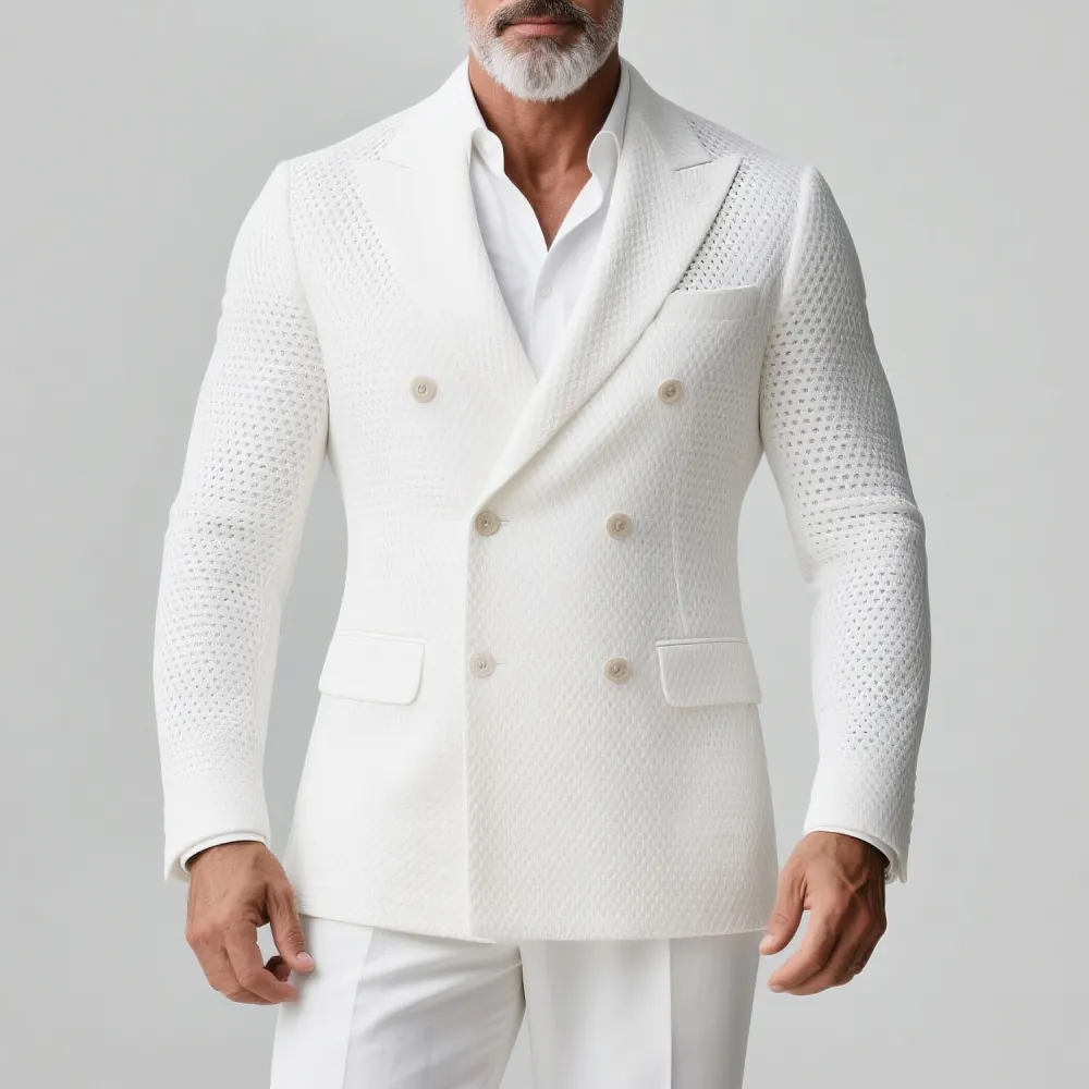 Men's Peaked Lapel Double Breasted Long Sleeve Hollow Out Knit Blazer