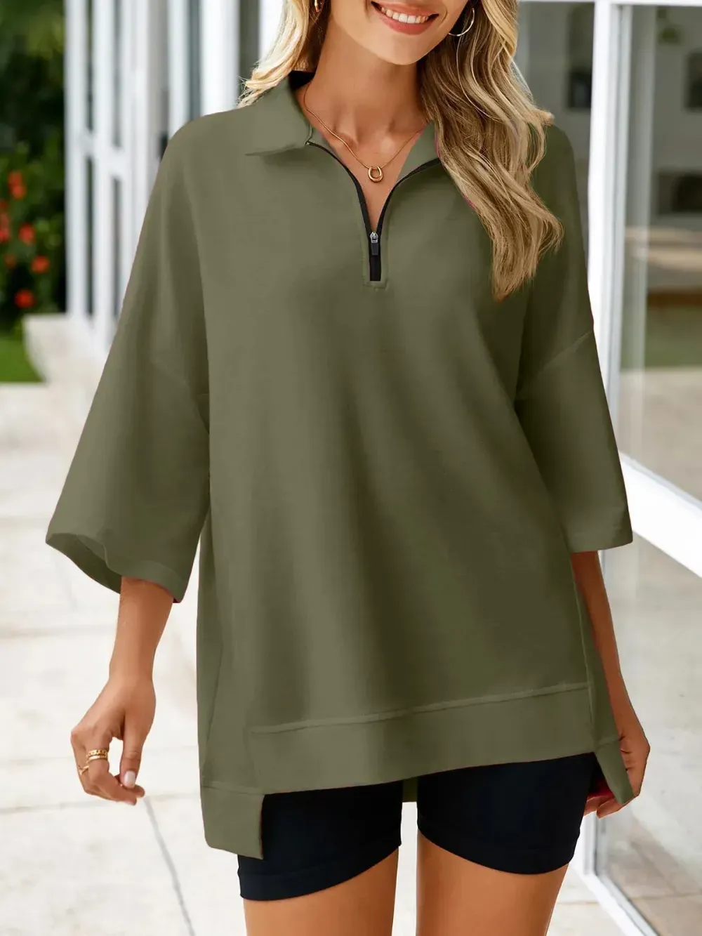 Women's Oversized 3/4 Sleeve Zipper Pullover