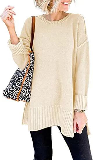Women With Round Neck Long Sleeves And Slit Sweaters