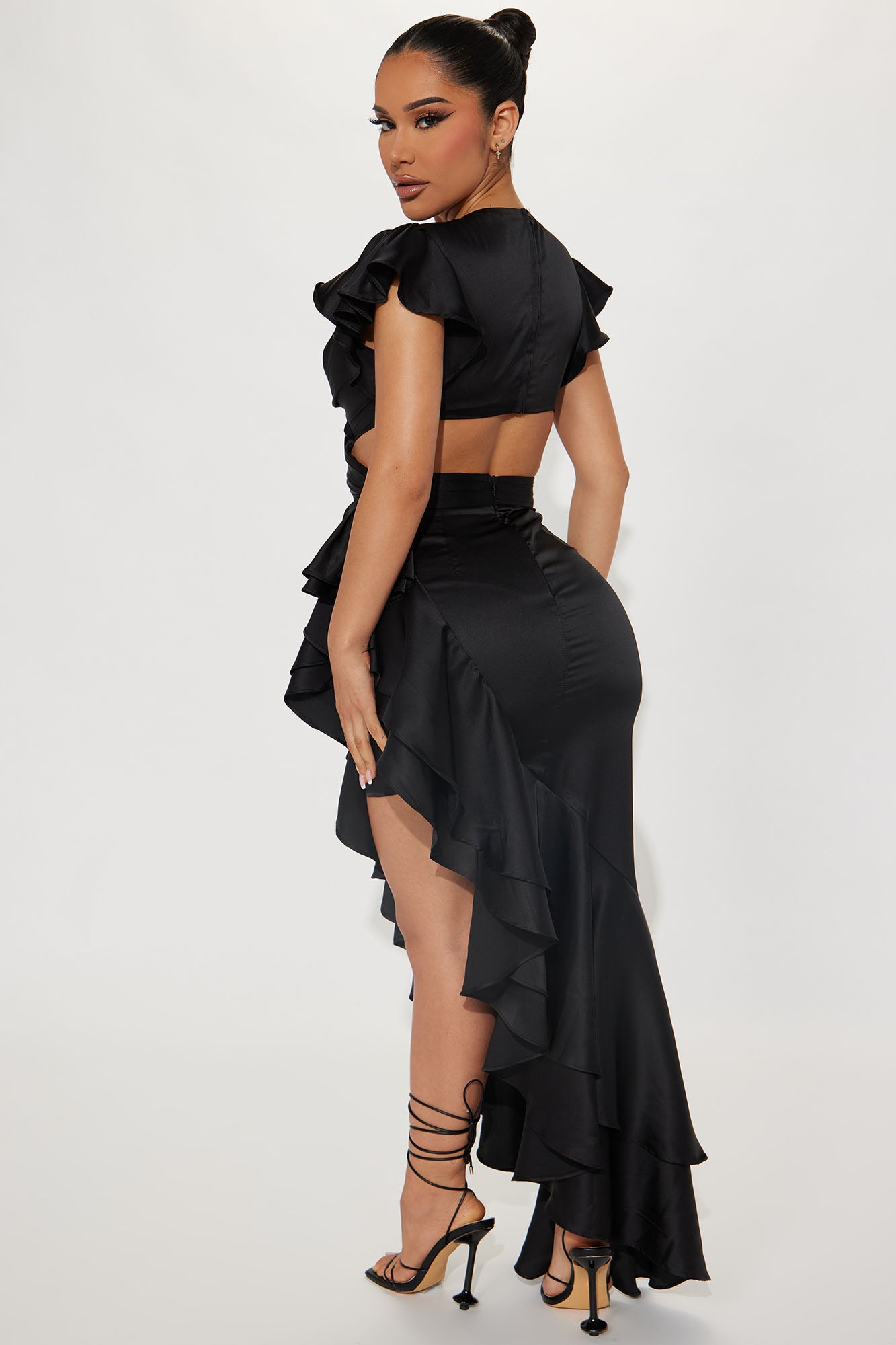 Carrie Satin Ruffle Maxi Dress - Black