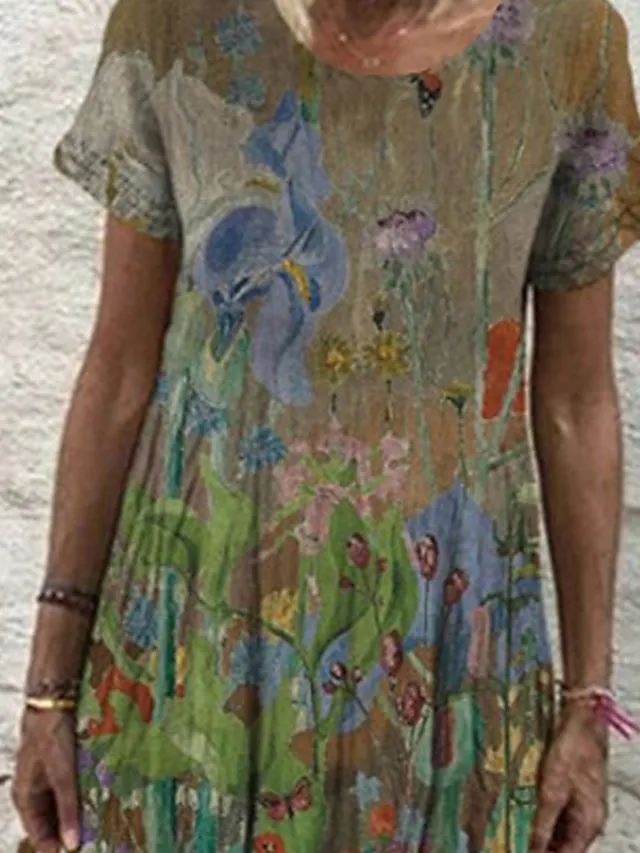 Women's Casual Dress Shift Dress Long Dress Maxi Dress Wine Blue Green Short Sleeve Floral Print Summer Spring