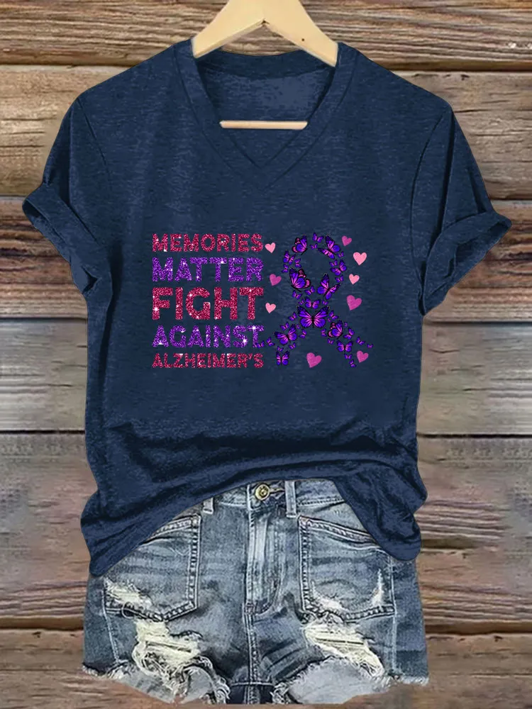 Women's Alzheimer's Print Casual V-Neck T-Shirt