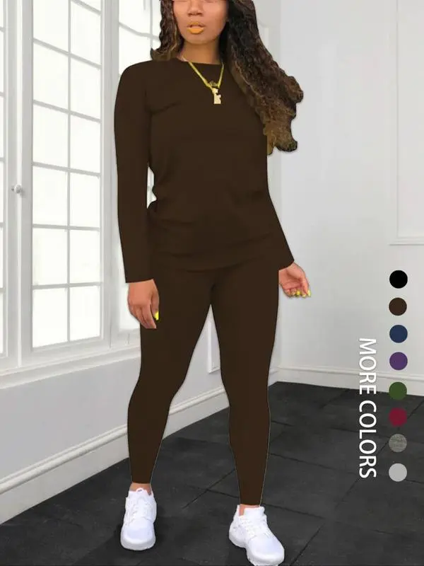 Women's Solid Long Sleeve Top & Pants Set – Minimalist, Casual, Comfy Outfit for Daily Wear.