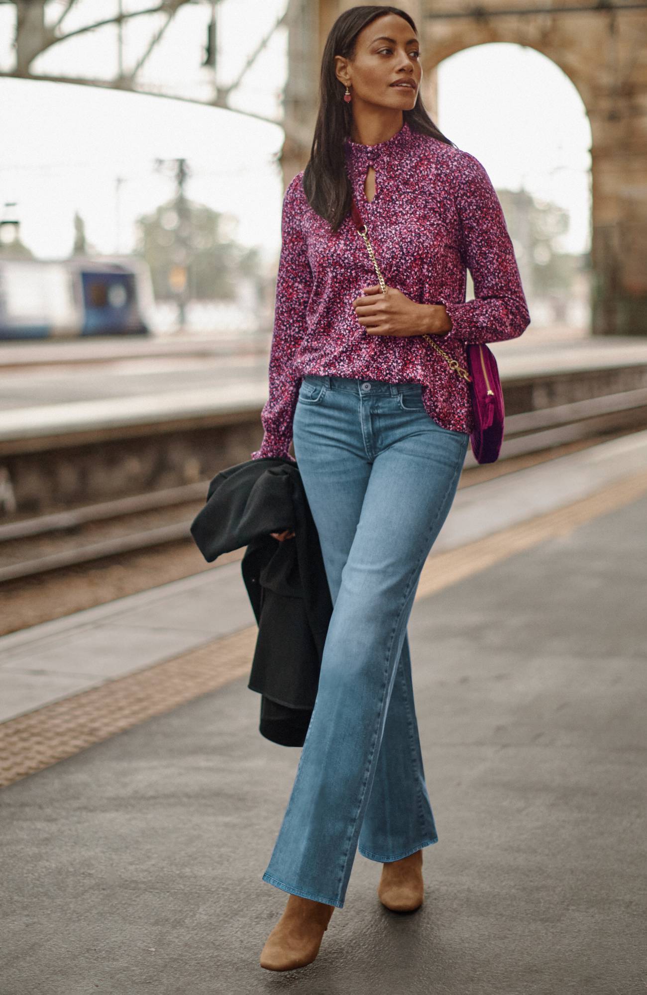 high-rise creased-front full-leg jeans