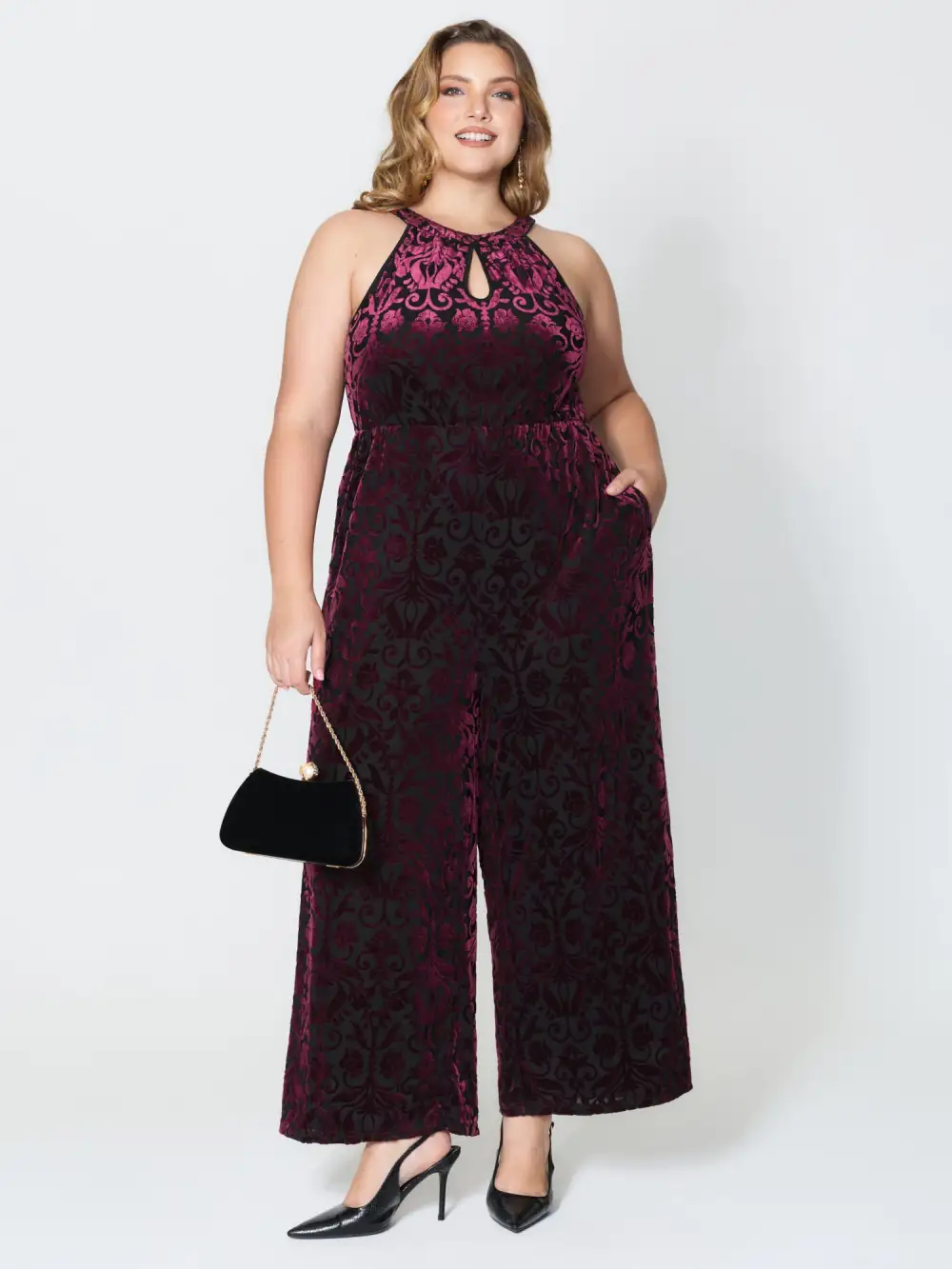 Velvet Laser Cut Lined Wide-Leg Jumpsuit