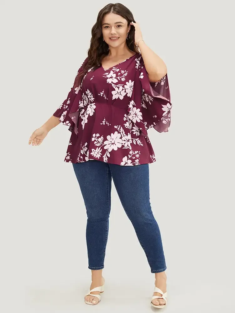 Floral Printed Plicated Detail Flutter Sleeve Blouse