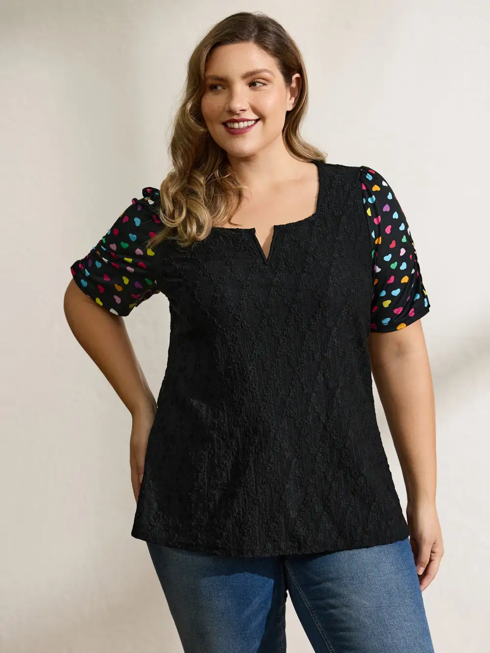 Colorful Hearts Textured Split Neck Knit Top