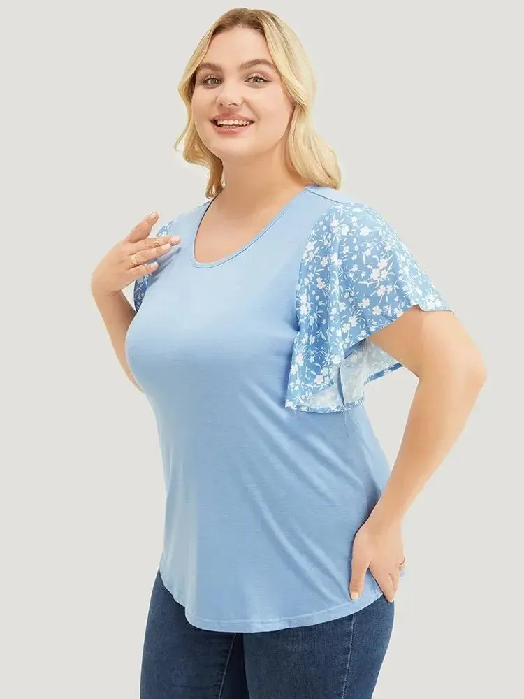 Ditsy Floral Ruffle Sleeve Round Neck T-shirt