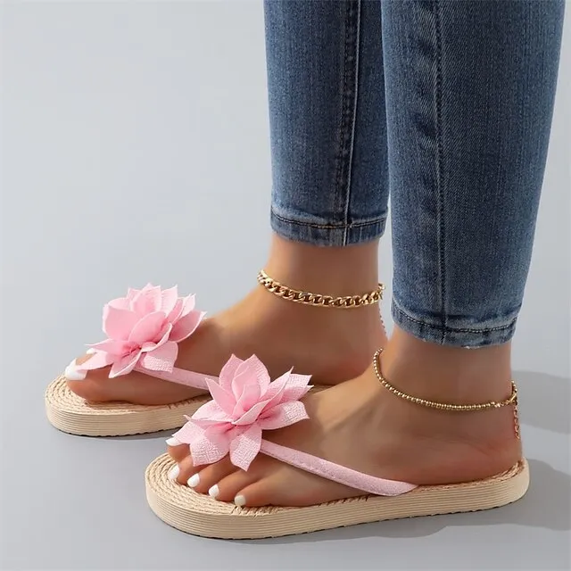 Women's Slippers Boho Bohemia Beach Outdoor Slippers Beach Slippers Outdoor Beach Solid Color Flower Flat Heel Elegant Casual PVC Loafer Black Pink Green