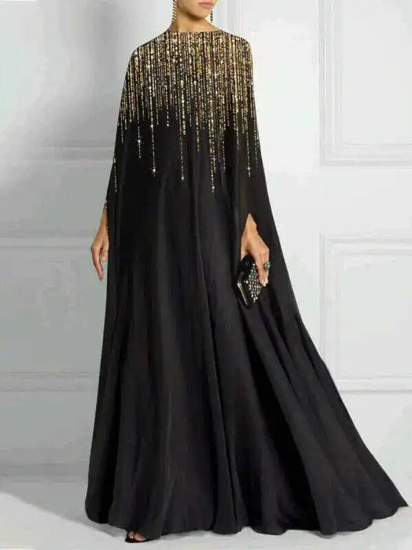 Long Sleeves Loose Rhinestone Round-Neck Maxi Dresses