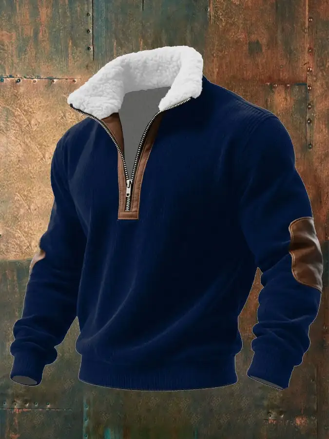 Men's Knitted Fabric Zipper Fur Collar Sweatshirt