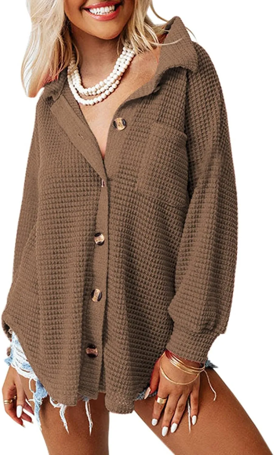 Womens Waffle Knit Button Down Shirts Casual Long Sleeve Shacket Jacket Boyfriend Tops Blouses Loose Fit