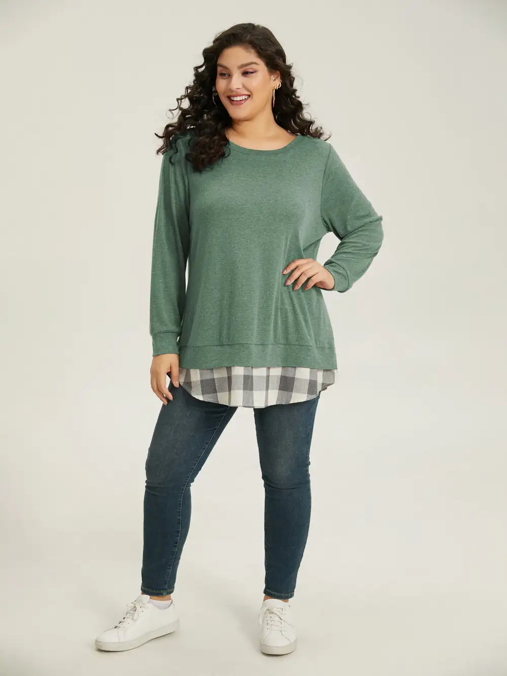 Heather Plaid Patchwork Crew Neck T-shirt