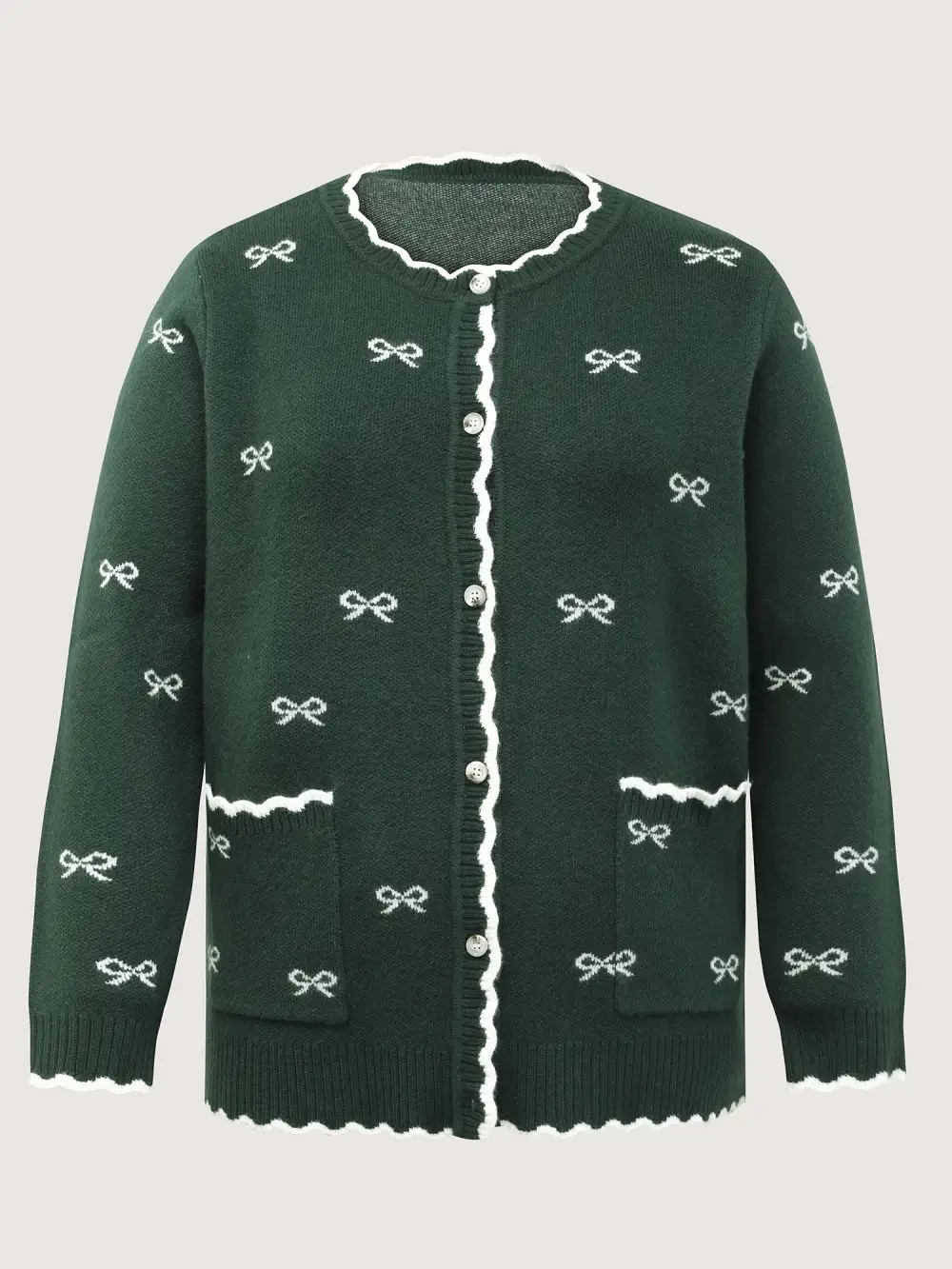 Bowknot Jacquard Wavy Edge Knit Cardigan