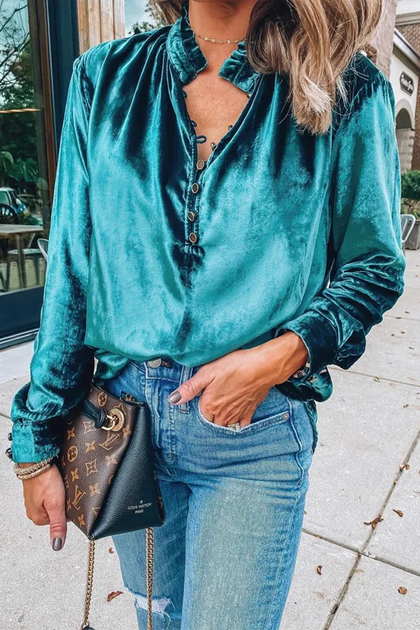 Vintage Button Detailed Velvet Top