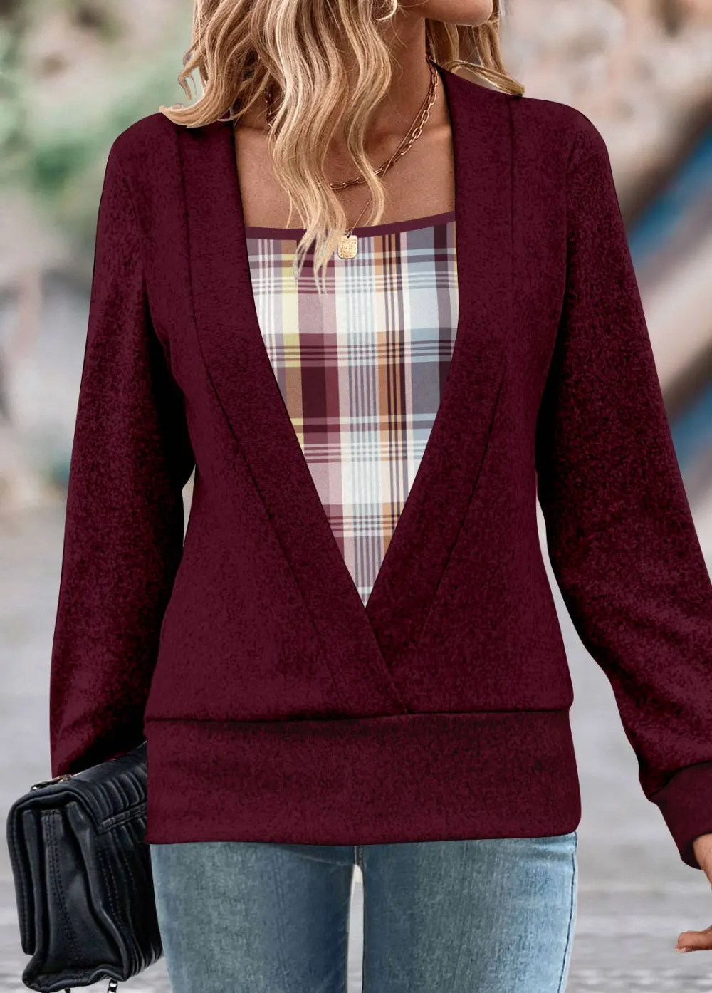 Wine Red Fake 2in1 Plaid Long Sleeve Sweatshirt