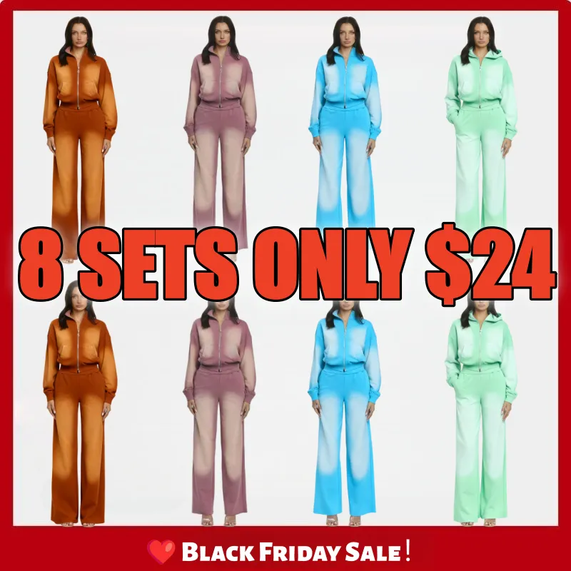 Ombre Zip - Up 2 Pieces Set Cropped -Sweatshirt & Wide - Leg Pants