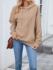 Women's Texture Blouse Pullover Hoodie Sweatshirt Plain Streetwear Casual Long Sleeve Hooded Regular Tops Street Holiday Going out Pocket Black Pink Brown Khaki Gray Fall