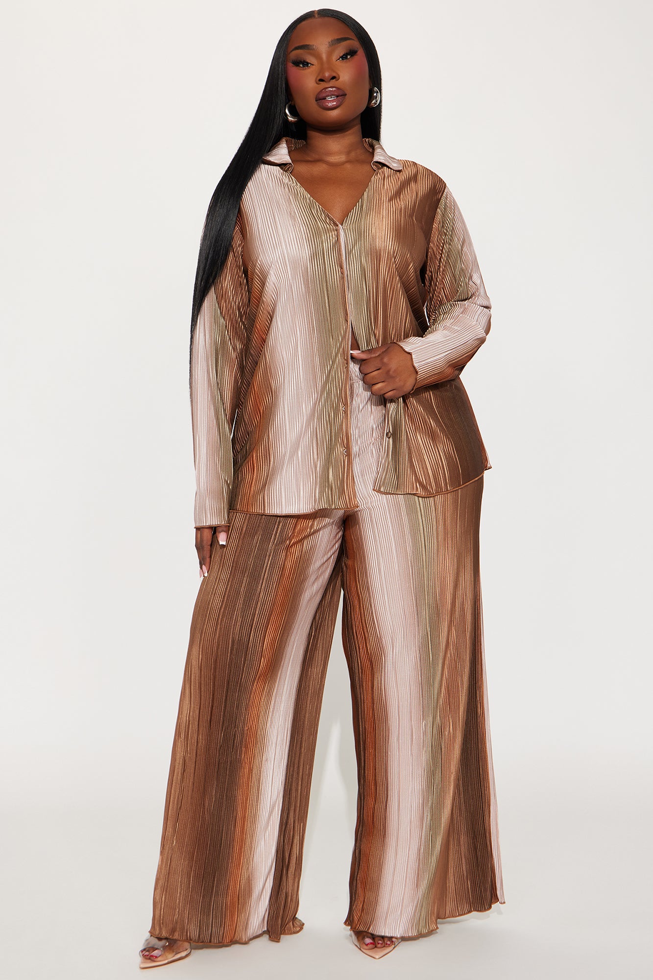 Isabel Shimmer Plisse Pant Set - Brown/combo