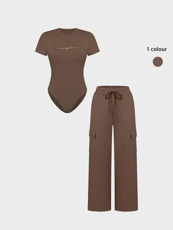 Women's Letter Print Bodysuit & Drawstring Pants Set – Casual Y2K Matching Outfit