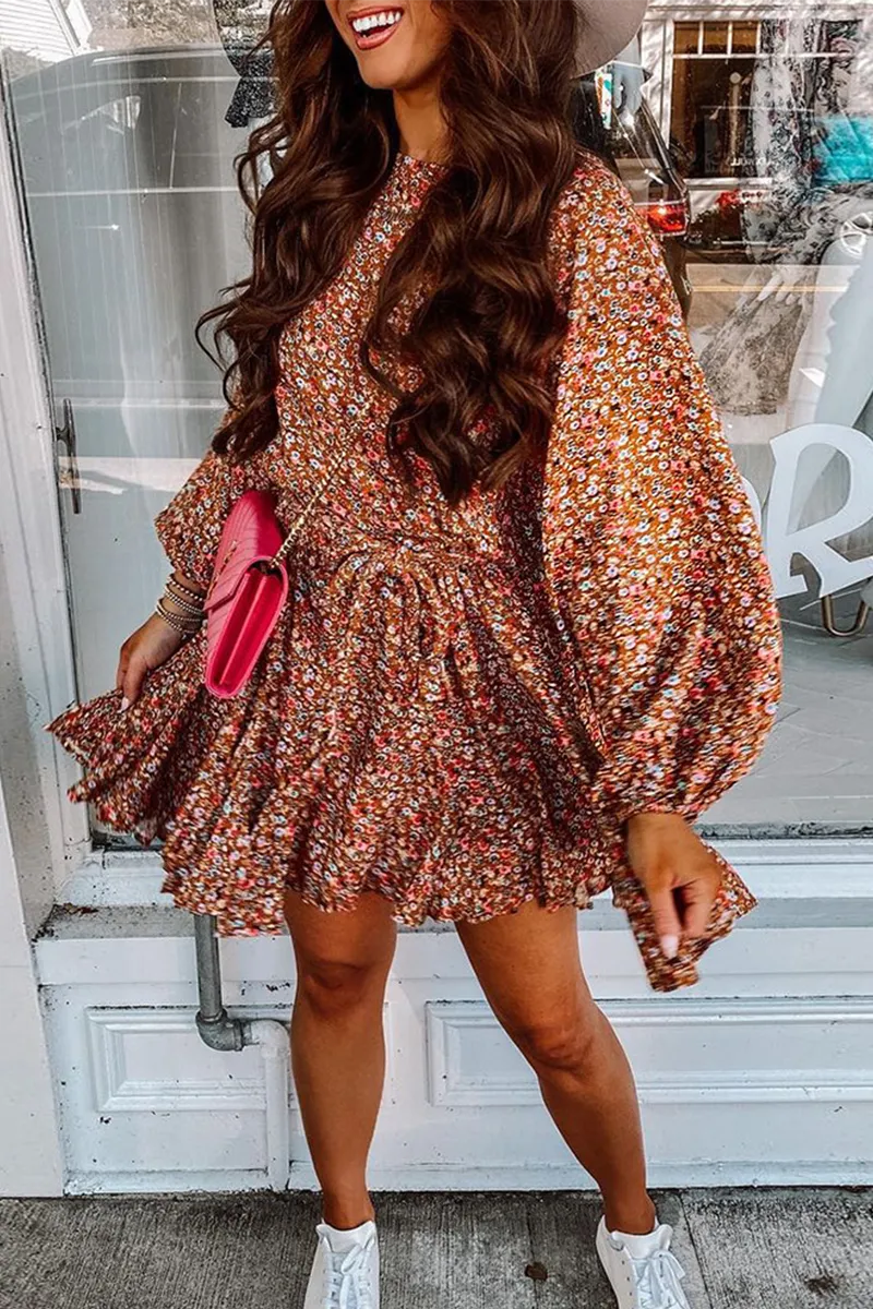 Casual Print Split Joint O Neck Cake Skirt Dresses