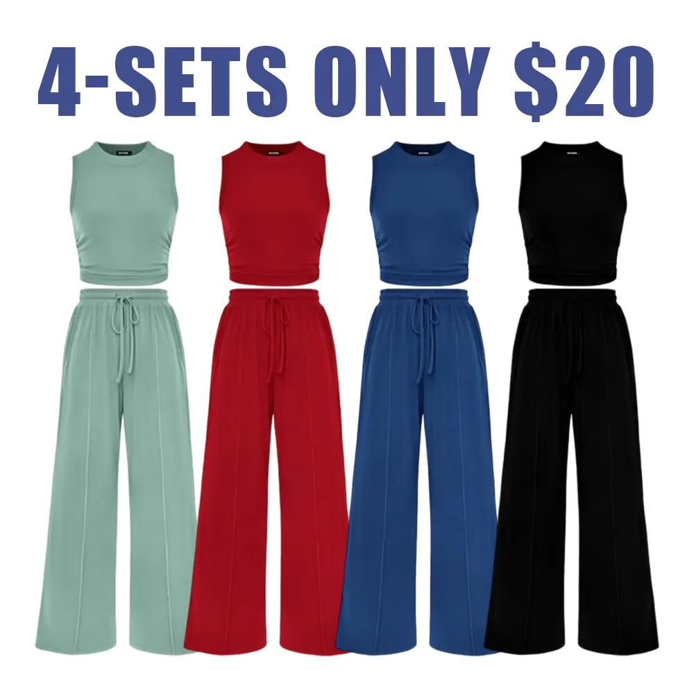 Women's Summer Ribbed Knit 2-Piece Set – Sleeveless Crop Top & Wide-Leg Pants