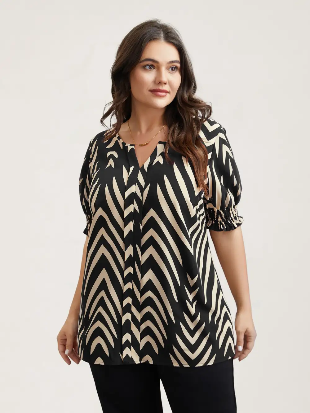 Geometric Print Ruffled Shirred Shirt
