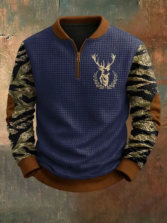 Men's Vintage Western Elk Print Jacquard Zip-Up Sweatshirt