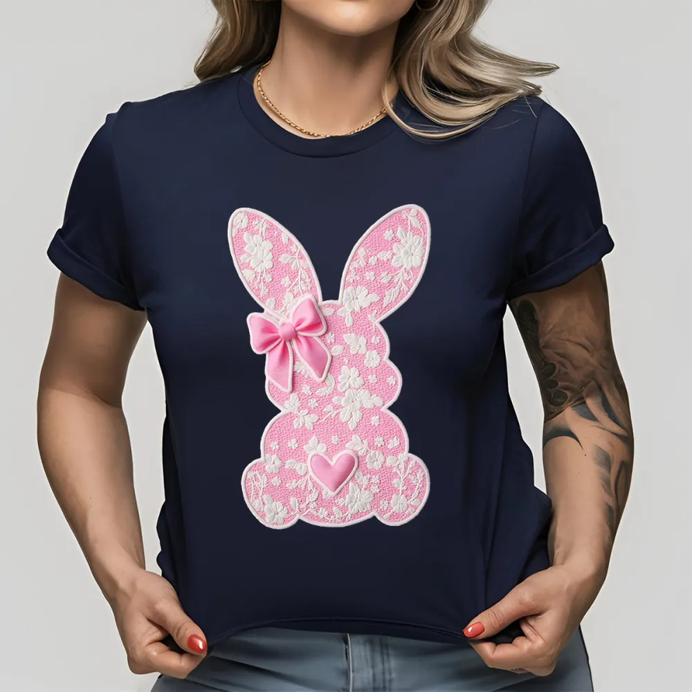 Easter Pink Floral Bunny Printed Round Neck Short Sleeve T-Shirt