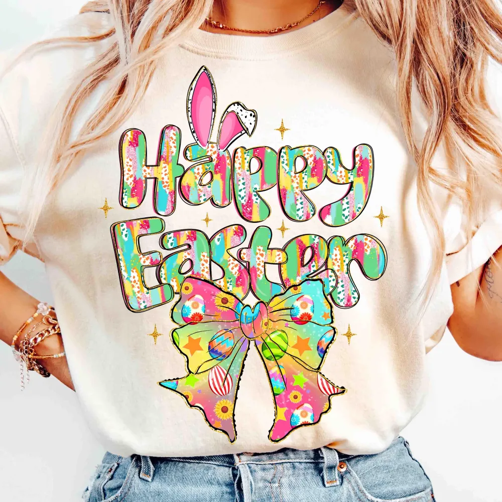 Happy Easter Printed Round Neck Short Sleeve T-Shirt