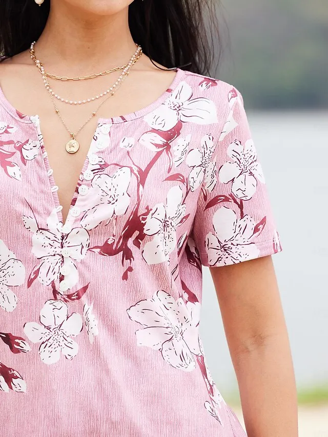 Women's T shirt Tee Henley Shirt Floral Casual Daily Print Red Short Sleeve Vintage Tunic V Neck